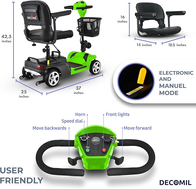 DECOMIL – Portable Mobility Scooter for Seniors, Foldable Electric Powered Scooter. Medical Travel Scooter for Adults, 4 Wheels, Lightweight and Portable (Green)