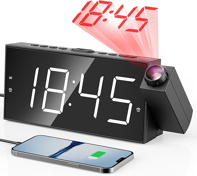 Mesqool Digital Projector Alarm Clocks for Kids Bedroom,Plug-in Clock with 180° Projection on Ceiling Wall,Dual Alarms for Heavy Sleepers,Battery Backup,USB Charging Port,Easy-to-Set,Dimmer,Snooze