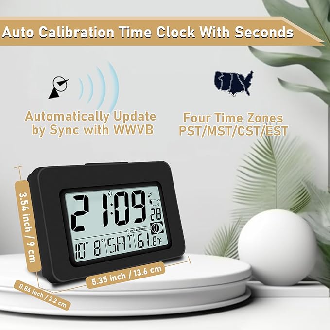 Handy Atomic Alarm Clock - 6'' Battery Operated Digital Clock with Seconds, Self-Setting, Auto Sync, DST, Selectable Time Zones,Portable Travel Desk Clock with 5s Touch Backlight for Bedroom