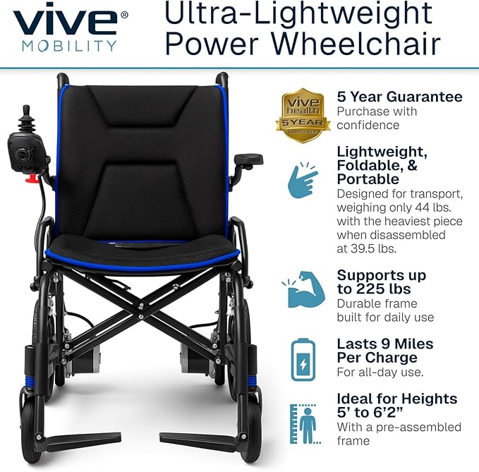 Vive Ultra Lightweight Electric Wheelchair for Adults - Foldable Power Wheel Chair - Collapsible, Folding, Ultralight, Motorized, Light Weight Travel Senior Folding Mobility Aid - Weighs Just 39 lbs