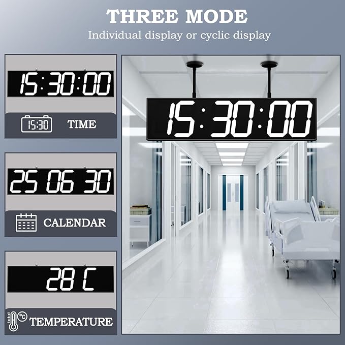 CHKOSDA 28.4‘’ Digital Clock with Large Display,Hanging Clock with Clearly Visible Large Digital Double-Sided Display,Multi-Function Led Clock with Temperature and Calendar Display (White)