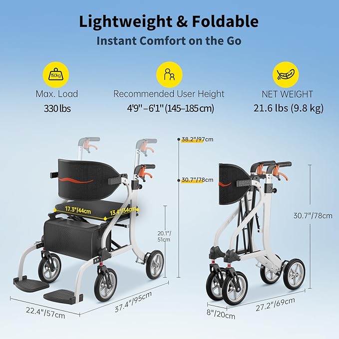 2-in-1 Walker and Transport Wheelchair Combo, Lightweight Foldable Mobility Rollator Chair for Seniors, Pre-Assembled 17 lbs Travel Chair with 8" All-Terrain Wheels, Support 330 lbs