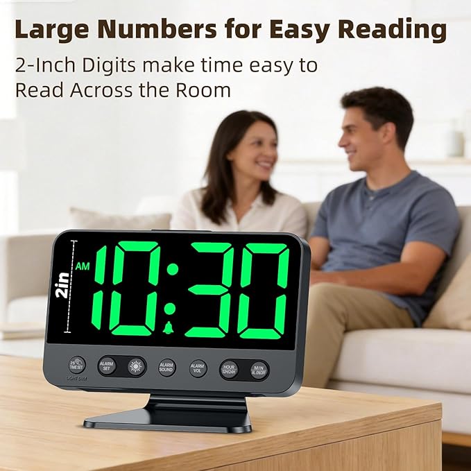 Digital Alarm Clock with Large Numbers for Bedrooms: Bold Display Readable Across The Room with 5 Level Brightness - 5 Alarm Sounds 8 Night Lights for Kids Seniors Teens - Green