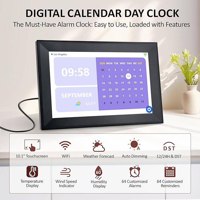 WiFi Smart Digital Clock with Weather and Temperature,with Date and Day of Week for Elderly,64 Alarms, Digital Calendar & Schedule Reminders (10.1" Black)