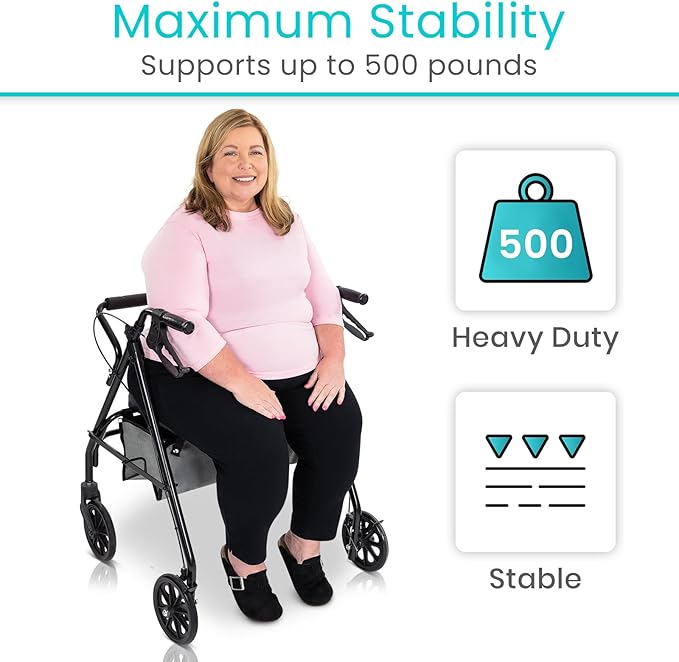 Vive Bariatric Rollator Walker for Seniors - 500 lbs Capacity - Rolling Walker with Seat Lightweight Easy Folding - Mobility Aids & Equipment - Adult Heavy Duty 4 Wheel Rollator with Brakes (Black)