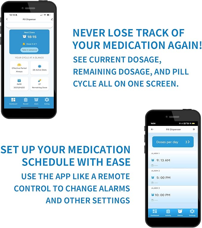 EziMedPil Bluetooth Pill Dispenser w/Sound & Light & App Alert, up to 9 Alarms/Day, Easy Setup on SmartLife, Frosted Lid & Locked 28-Day Medication Dispenser for Protecting Pills Privacy