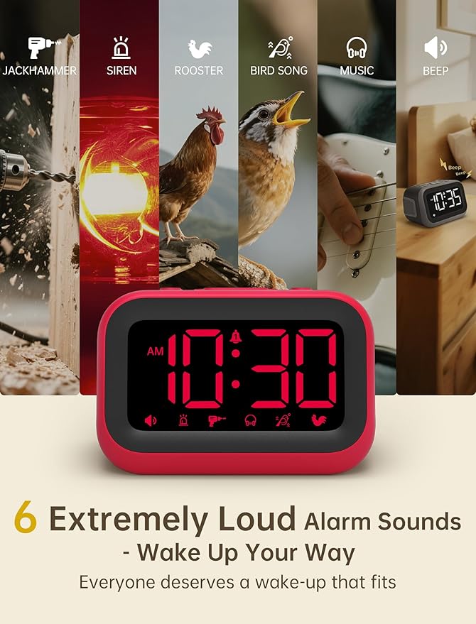 Acedeck Loud Alarm Clock for Heavy Sleepers: 115dB Dual Alarms with 6 Unique Sounds for Bedroom Dorm Room Use - On-Time Wake Up for Teen College Students - Red