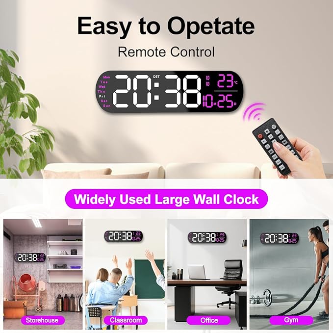 13.7" Large Digital Wall Clock – Remote Control, Dual Alarm, Big LED Display, Auto-Dimming, RGB Night Light, Auto DST – Bedroom, Living Room, Office, Purple