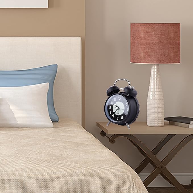 4" Analog Luminous Alarm Clock Twin Bell Silent Non-Ticking Quartz Battery Operated Loud with Backlight for Bedside Table Vintage Retro Style, Decorative Desk Clock