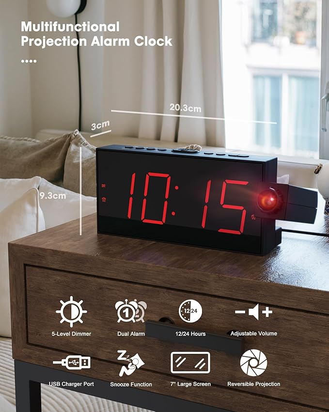 OnLyee Projection Alarm Clock for Bedroom,LED Digital Clock on Ceiling Wall with USB Phone Charging,Battery Backup,180° Rotatable Projector& Dimmer,12/24H,DST,Snooze,Dual Loud Bedside Heavy Sleeper
