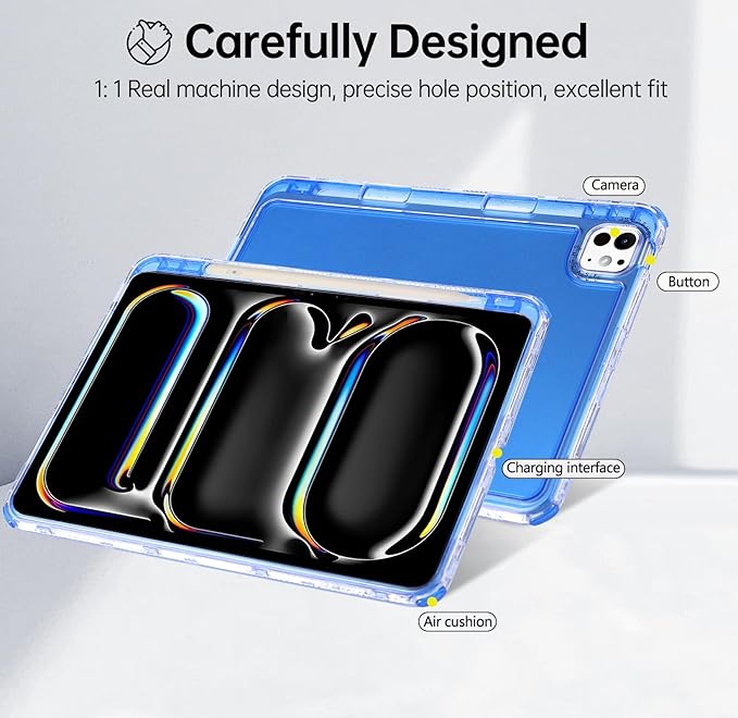 Dteck for iPad Pro/Air 13" (M5/M4/M3/M2), Pro 12.9" (6th/5th/4th/3rd Gen) Clear Case with Pencil Holder/Screen Protector Film/Stylus, 3 Layers Protective Lightweight Slim Cute Transparent Cover, Blue