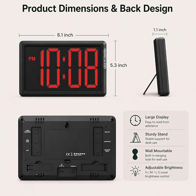 KWANWA Digital Alarm Clock, 3.8-inch Extra Large LED/LCD Digits, Battery or USB Powered, Auto Light Sensor for Day/Night, Wall Clock & Desktop Stand for Seniors, Bedroom, Office, Living Room