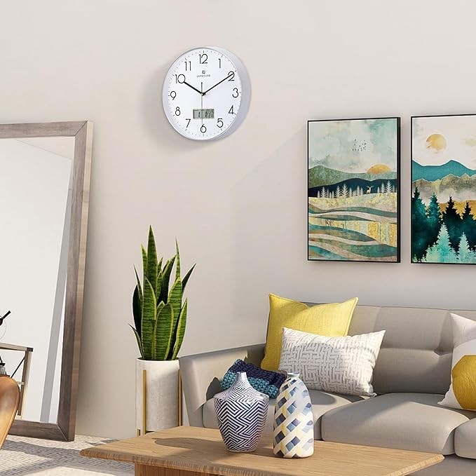 Lafocuse 12 Inch Silent Analog Wall Clock with LCD Display for Perpetual Calendar and Temperature, Digital Silver Wall Clocks with Date and Day Battery Operated Clock for Living Room Bedroom Office