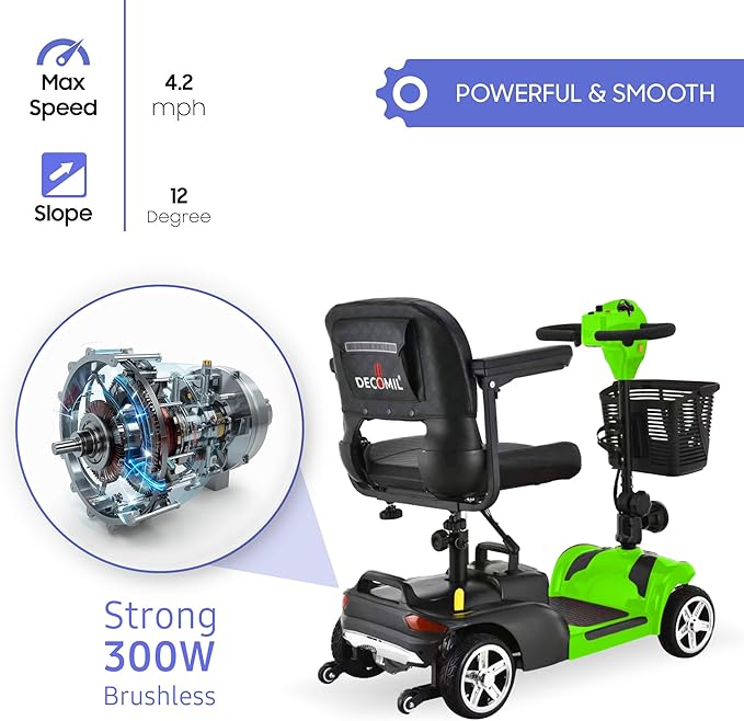 DECOMIL – Portable Mobility Scooter for Seniors, Foldable Electric Powered Scooter. Medical Travel Scooter for Adults, 4 Wheels, Lightweight and Portable (Green)