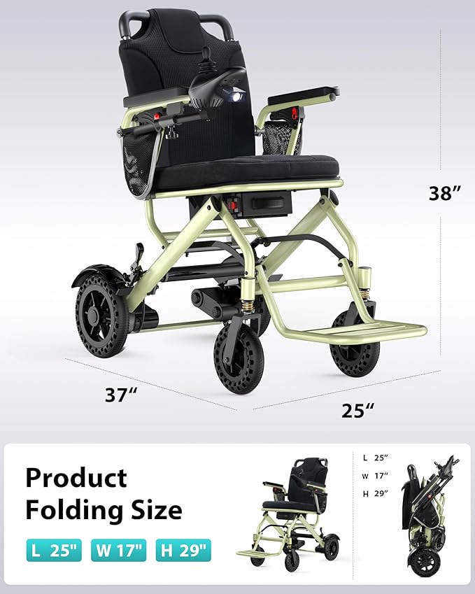 33 Lbs Lightweight Electric Wheelchair, Electric Wheelchairs for Adults Foldable, 15 Miles Range Motorized Wheelchair for Seniors, All Terrain Portable Power Wheelchair, 330 Lbs Capacity, Apple Green