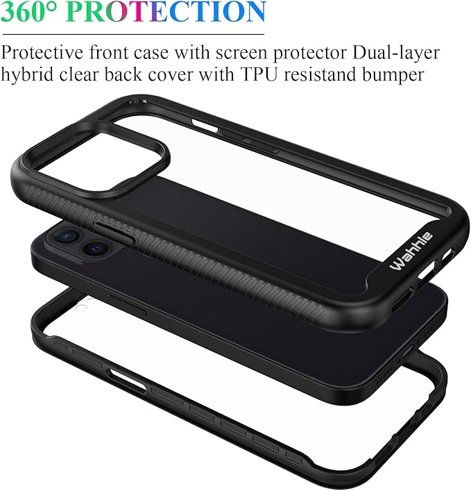 wahhle Compatible with iPhone 12/12 Pro Case, Built in Screen Protector Full Body Shockproof Slim Fit Bumper Protective Phone Cover 6.1'' Men Women-Black/Clear