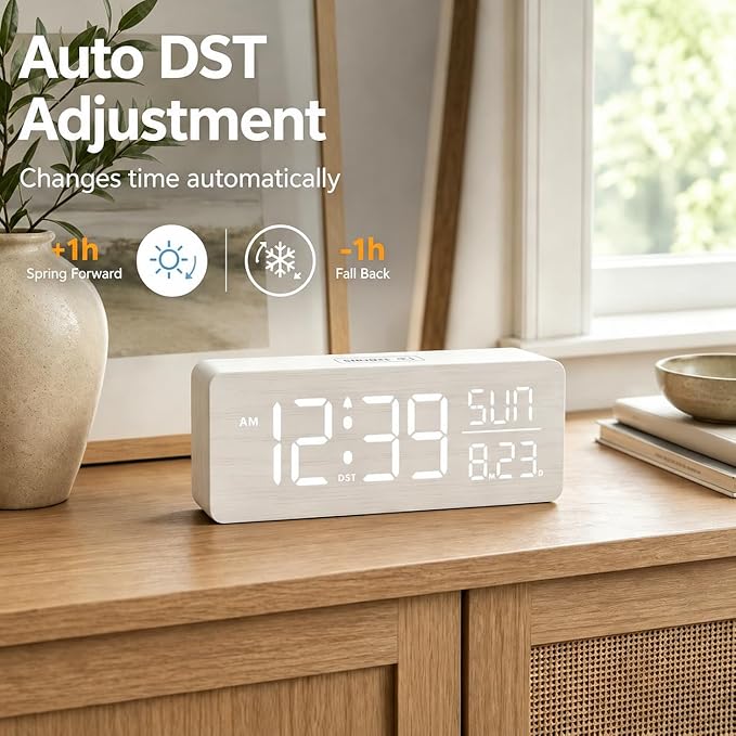 Peakeep Wooden Digital Alarm Clock Large Display, Textured Desk Table Decoration for Bedroom Living Room, Plug in Clock with Time Date Day, 5 Brightness, Auto DST