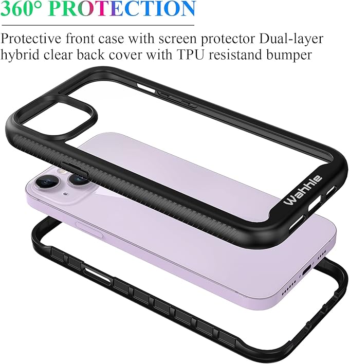 wahhle Compatible with iPhone 14 Plus Case, Full-Body Phone Cover with Screen Protector Shockproof TPU Bumper Case 6.7 Inches-Black Clear
