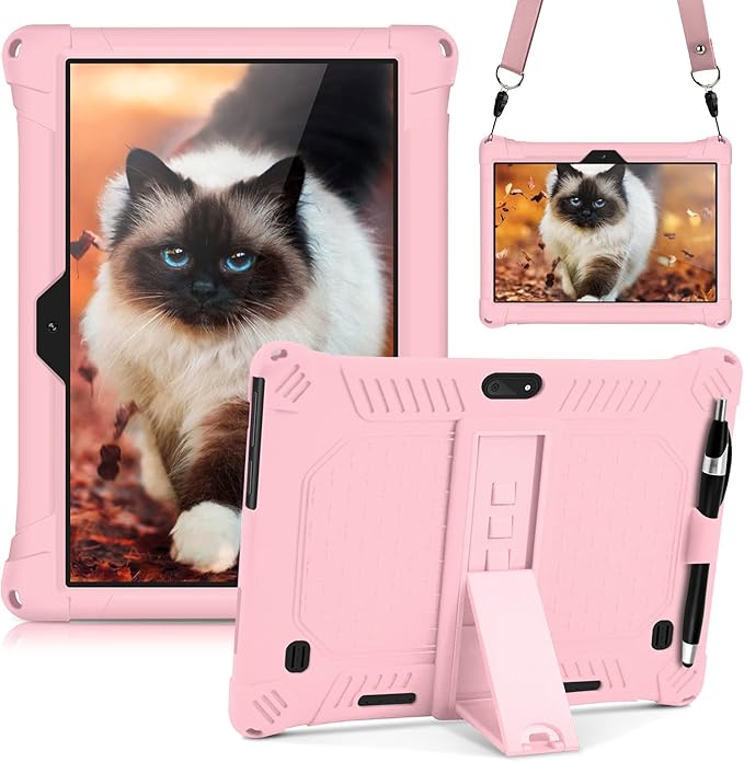 DETUOSI Case for YELLYOUTH 10.1 Tablet, Soft Silicone Lightweight Case Compatible with Dragon Touch Notepad K10, ZONKO 10.1, Beyond Tab 10.1, with Stylus Pen and Shoulder Strap, Light Pink