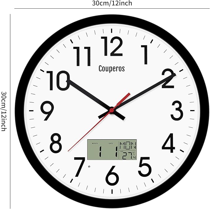 12 Inch Digital Wall Clock with Lighted LCD Display Temp, Week, Switchable Time and Perpetual Calendar, DST Function, Silent Battery Operated Analog Black Clock for Bedroom Office Classroom
