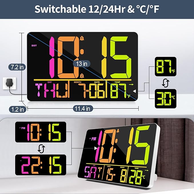 PERSUPER 13" Large Digital Wall Clock with Remote, RGB Color Changing, 25 Ringtones, 0-100% Auto/Custom Brightness, Temperature, Calendar, 12/24H, DST, Timer, for Living Room/Bedroom/Office/Elderly