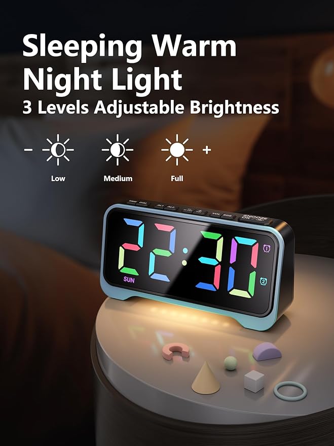 Digital Alarm Clock with RGB Display for Kids & Teens, Dual Alarms, Adjustable Volume, Night Light, USB Charging, Snooze, Battery Backup, for Bedroom, Nursery, Dorm, School