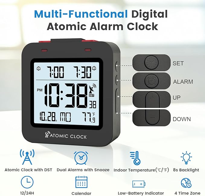 Small Digital Atomic Alarm Clock for Bedroom, 3.15 Inch Portable Travel Clock with Dual Alarms and Snooze, Indoor Temperature, 8s Backlight, Battery Included, Black
