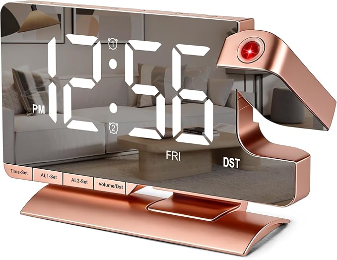 SZELAM Alarm Clock Bedside with Projection Digital Clock,7.3" Mirror Clock with 180°Rotating Projector,Dual Alarm with 3 Mode,Brightnee Adjust,DST,Snooze,Charging Port,5 Levels Volume for Desk Teens