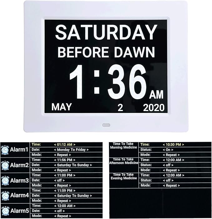 Yescom 8" LCD Day Clock Digital Calendar Alarm Large Dementia Table Home Office 2 Pack