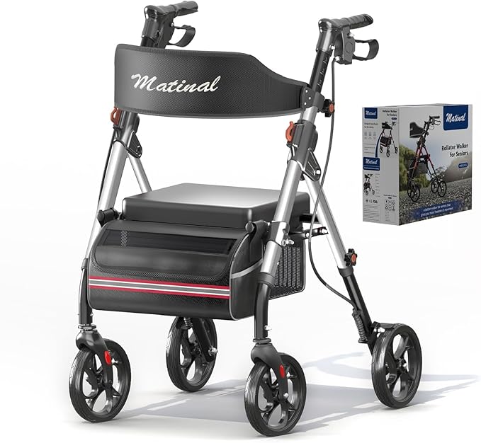 Foldable Rollator Walkers with Seat for Seniors, Lightweight Rollator Walker with 8" Big Wheels, Height Adjustable Ergonomic Rolling Walker Seat, Aluminum and Carbon Steel (Silver)