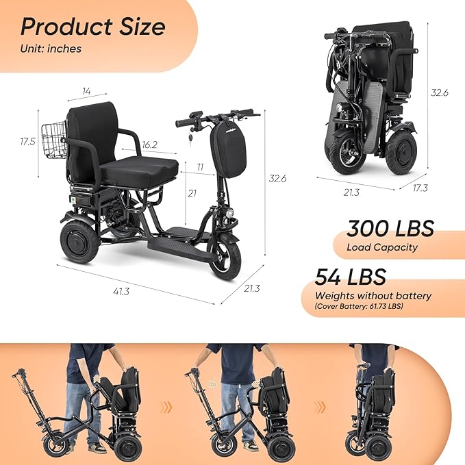 3 Wheel Mobility Scooters for Seniors Foldable Travel Scooter Airline Approved Folding Handicap Scooters for Adults Lightweight Collapsible Electric Mobility Scooter Adults 300 lbs
