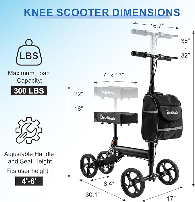 BlessReach Knee Scooter Steerable Knee Walker Deluxe Medical Scooter for Foot Injuries Adult Compact Crutches,Supports Up to 300 lbs（Black）