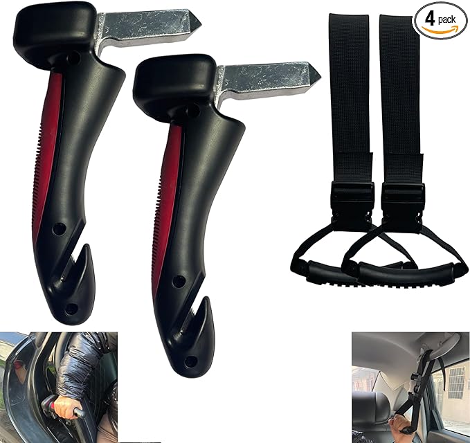 2PCS 4 in 1 Car Door Handle & 2PCS Hand Grab Straps for Elderly, Door Assist Handles Vehicle Support Handles, Multifunction Car Grab Handle, Car Door Latch Handle for Seniors