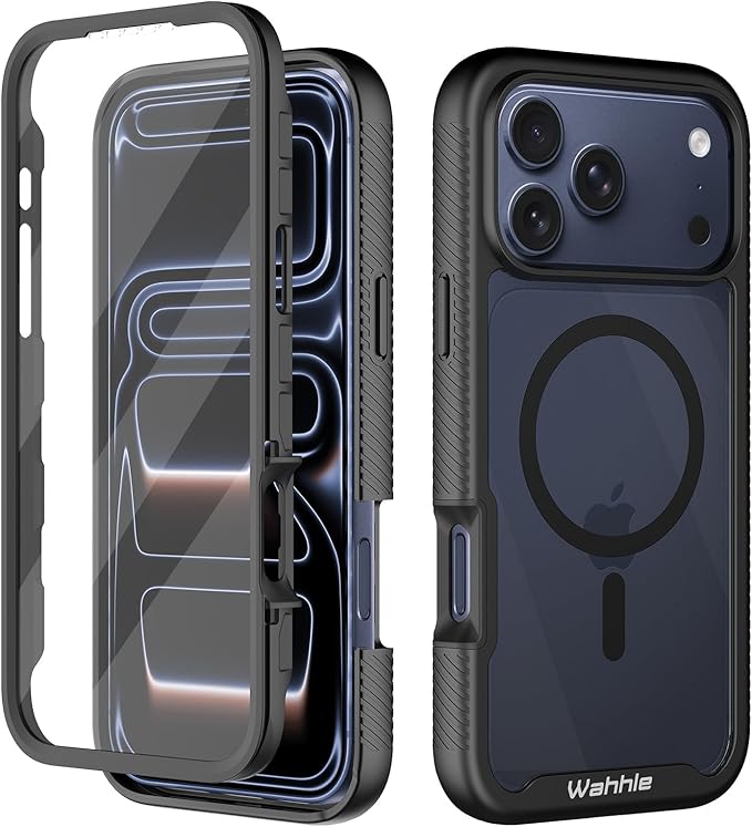 wahhle Compatible with iPhone 17 Pro Case, Magnetic Built in Screen Protector Full Body Shockproof Slim Fit Bumper Protective Phone Cover Men Women 6.3"-Black/Clear