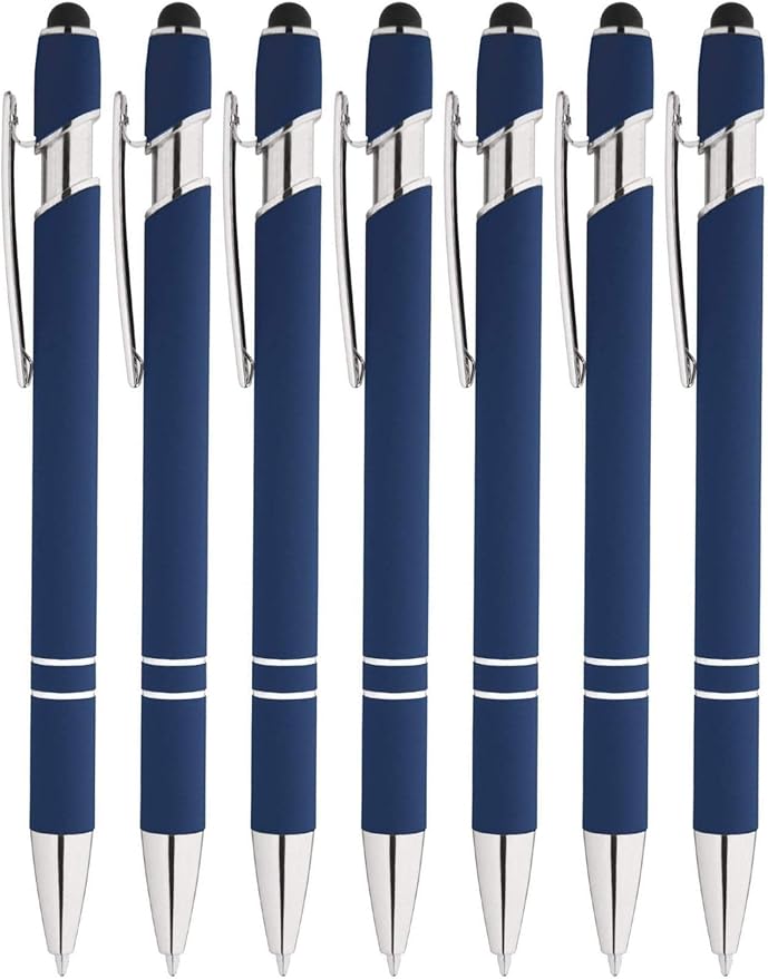Express Pencils Rainbow Rubberized Soft Touch Ballpoint Pen with Stylus Tip is a stylish, premium metal pen, black ink, medium point. Box of 7 (DARK BLUE)
