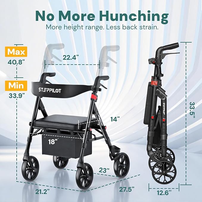 Bariatric Rollator Walker with Seat for Seniors, 500lb Capacity Aluminum Frame, Zero Wobble, 16lb Lightweight, 8" All Terrain Wheels, 10-Level Adjustable Handle/Seat, Cup Holder, Cane Clip