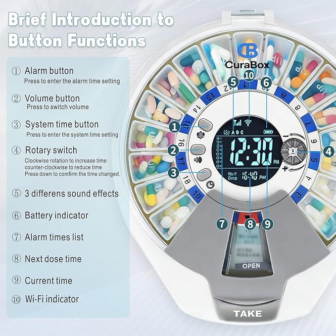 Wi-Fi Automatic Pill Dispenser Smart Medication Assistant for Seniors & Caregivers with 21 Individual Pods, Alarms & Sound Light Reminders, Remote Monitoring & Tracks Adherence History, Key Lock