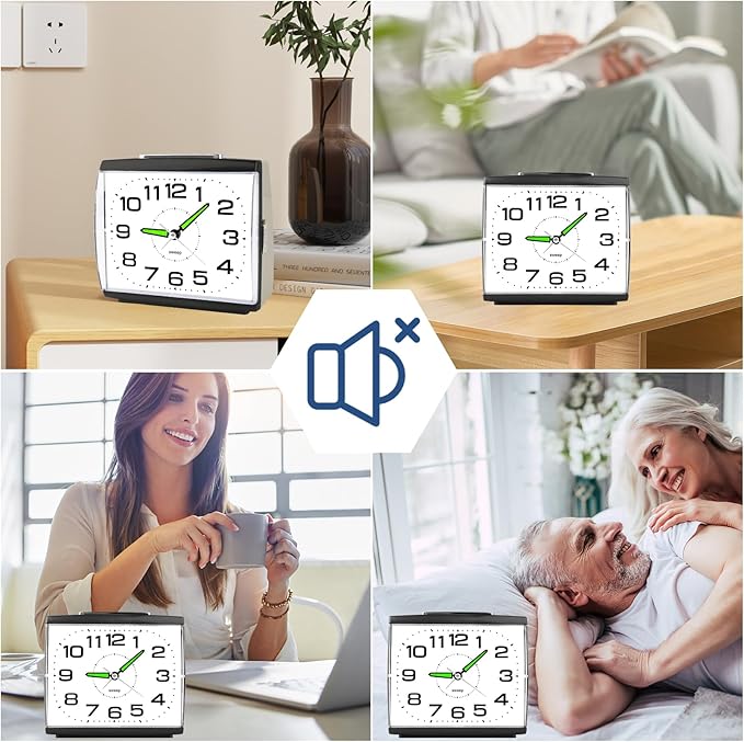 DTKID Large Alarm Clock for Bedside, Silent Non-Ticking Analog Clock with Night Light, Battery Powered, Gradually Increasing Alarm for Heavy Sleepers, Seniors