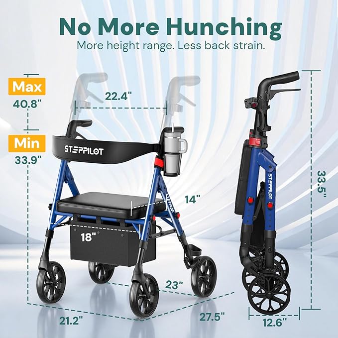 Bariatric Rollator Walker with Seat for Seniors, 500lb Capacity Aluminum Frame, Zero Wobble, 16lb Lightweight, 8" All Terrain Wheels, 10-Level Adjustable Handle/Seat, Cup Holder, Cane Clip