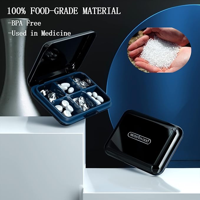 DUBSTAR Small Pill Box for Purse, Moisture Waterproof Travel Pill Case with 4+6 Compartments, Daily Pill Organizer for Vitamins & Medication (SL-Black)