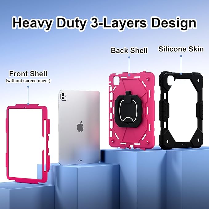 Dteck for iPad Pro 11 inch (M4/M5) 2024/2025 Release Shockproof Case with Shoulder Strap/Pencil Holder/Rotating Kickstand Handle, Heavy-Duty Sturdy Rugged Cover, Protective Tablet Shell, Black Rose