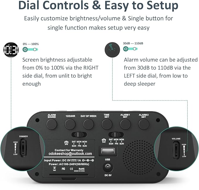 Odokee Digital Dual Alarm Clock for Bedroom, Easy to Set, 0-100% Dimmer, USB Charger, 5 Sounds Adjustable Volume, Weekday/Weekend Mode, Snooze, 12/24Hr, Battery Backup, Compact Clock for Bedside