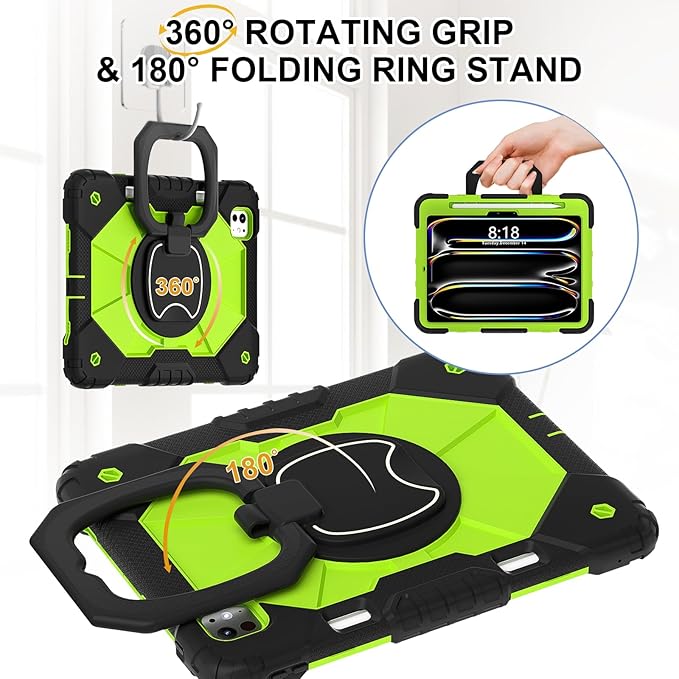 Dteck for iPad Pro 11 inch (M4/M5) 2024/2025 Release Shockproof Case with Shoulder Strap/Pencil Holder/Rotating Kickstand Handle, Heavy-Duty Sturdy Rugged Cover, Protective Tablet Shell, Black Green
