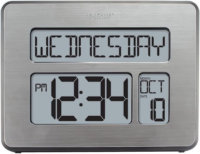 La Crosse Technology C86279 Atomic Full Calendar Clock with Extra Large Digits, Grey, 11.25 in. x 2.10 in. x 12.00 in.