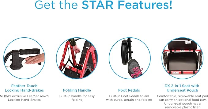 NOVA Star DX Heavy Duty Bariatric Rollator Walker, Wide Padded Seat, 450 lb Capacity, 8” Rugged All-Terrain Wheels, Easy-Grip Locking Hand Brakes, Fold Lock, Height Adjustable, Red