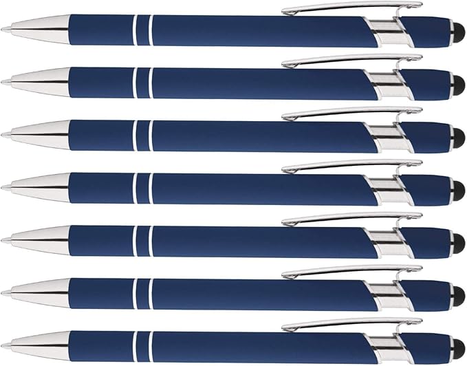 Express Pencils Rainbow Rubberized Soft Touch Ballpoint Pen with Stylus Tip is a stylish, premium metal pen, black ink, medium point. Box of 7 (DARK BLUE)