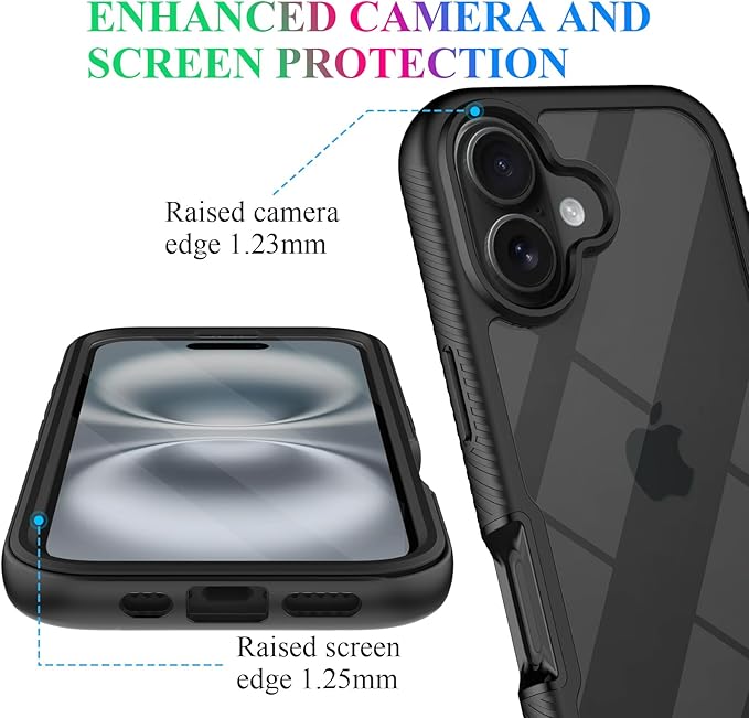 wahhle Compatible with iPhone 16 Case, Built in Screen Protector Full Body Shockproof Slim Fit Bumper Protective Phone Cover 6.1'' Men Women-Black/Clear