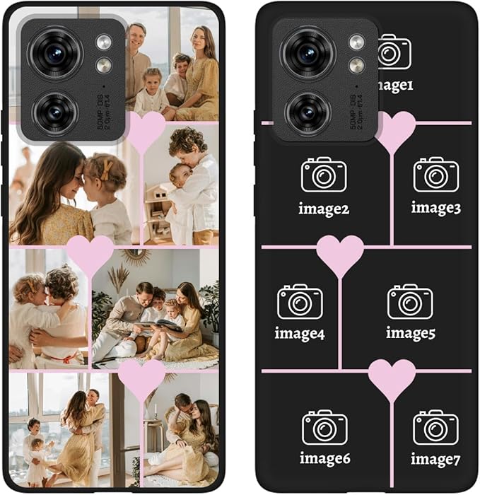 Personalized Photo Case for Motorola Moto Edge 2023 6.6 inch, Thin Slim Soft Rubber Black Phone Cover, Custom Picture Collage Pink Heart Cute Case for Women Girl, Gift for Birthday Anniversary