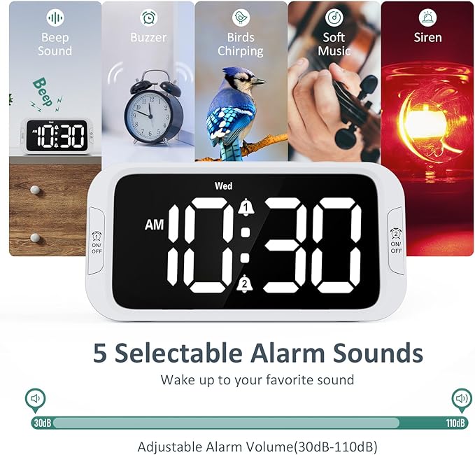 Odokee Digital Dual Alarm Clock for Bedroom, Easy to Set, 0-100% Dimmer, USB Charger, 5 Sound Adjustable Volume, Weekday/Weekend Mode, Snooze, 12/24Hr, Battery Backup, Compact Clock for Bedside(White)