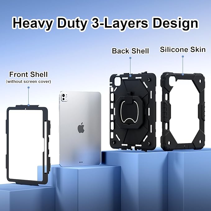 Dteck for iPad Pro 11 inch (M4/M5) 2024/2025 Release Shockproof Case with Shoulder Strap/Pencil Holder/Rotating Kickstand Handle, Heavy-Duty Sturdy Rugged Cover, Protective Hard Tablet Shell, Black